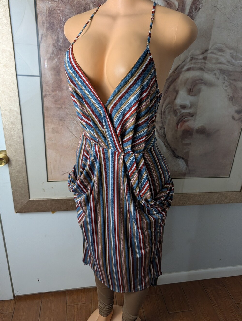 BCBGeneration Multicolor Striped Draped Pocket Faux Wrap Midi Dress Size XS